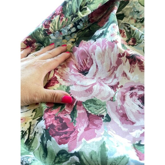Vintage 80s curtain, pink green cabbage roses, ruffled bottom, long single panel - Picture 6 of 10